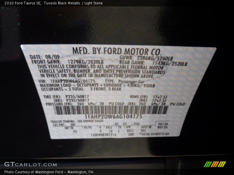 2010 Taurus SE Tuxedo Black Metallic Color Code UH