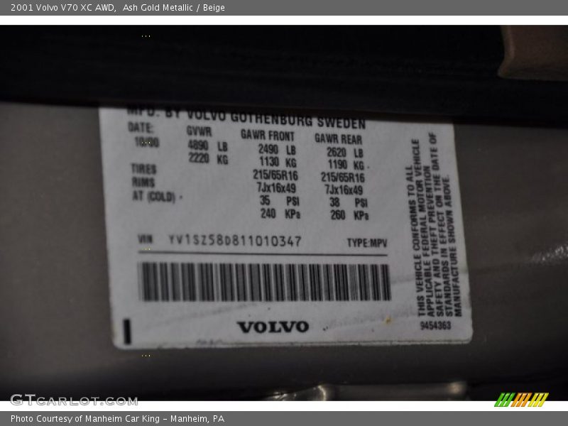 Ash Gold Metallic / Beige 2001 Volvo V70 XC AWD