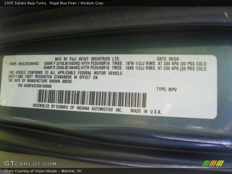 Info Tag of 2005 Baja Turbo