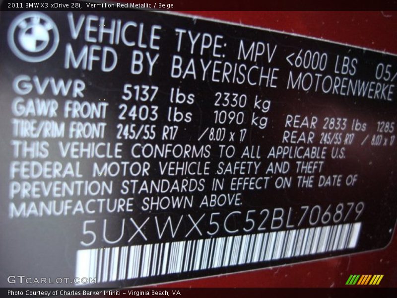 Info Tag of 2011 X3 xDrive 28i