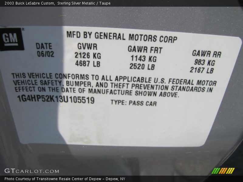 Sterling Silver Metallic / Taupe 2003 Buick LeSabre Custom