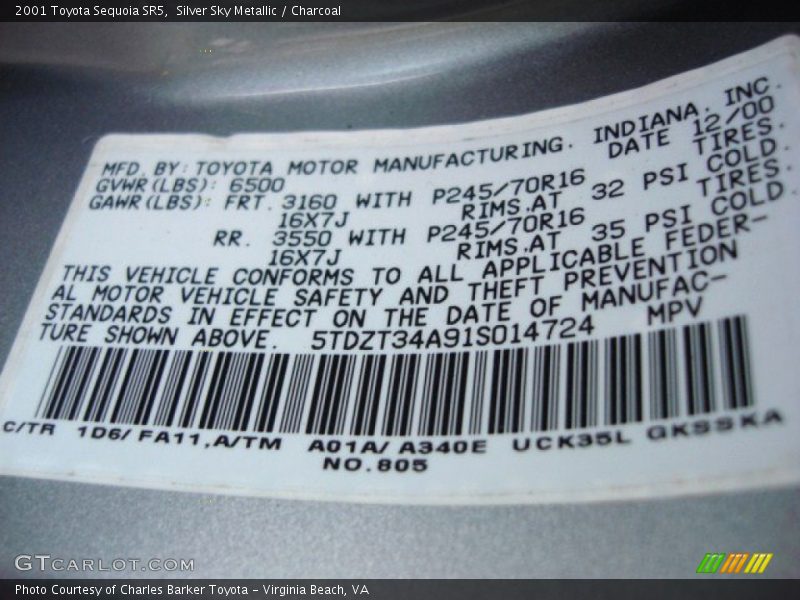 2001 Sequoia SR5 Silver Sky Metallic Color Code 1D6