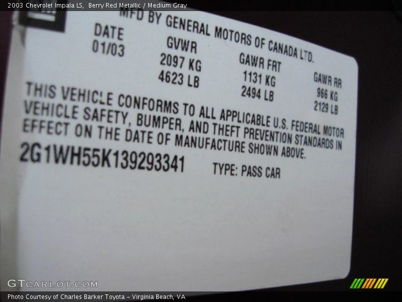 Berry Red Metallic / Medium Gray 2003 Chevrolet Impala LS