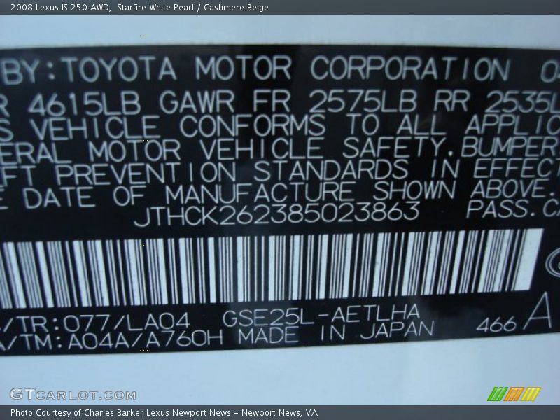 Starfire White Pearl / Cashmere Beige 2008 Lexus IS 250 AWD