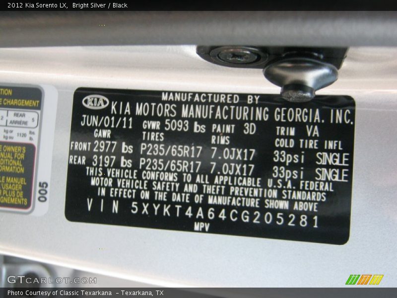 Bright Silver / Black 2012 Kia Sorento LX