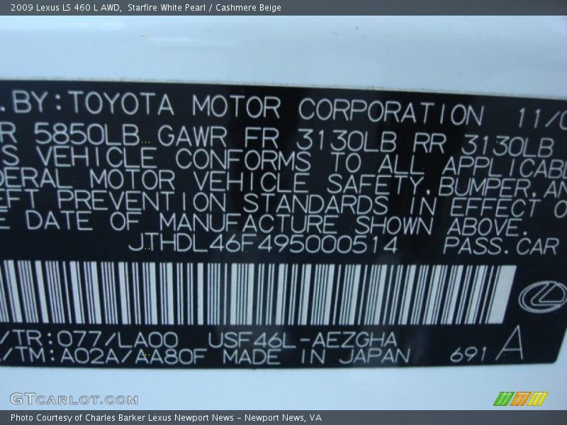 Starfire White Pearl / Cashmere Beige 2009 Lexus LS 460 L AWD