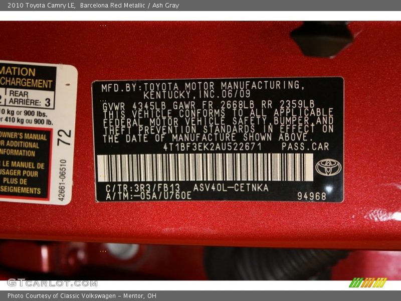 Barcelona Red Metallic / Ash Gray 2010 Toyota Camry LE
