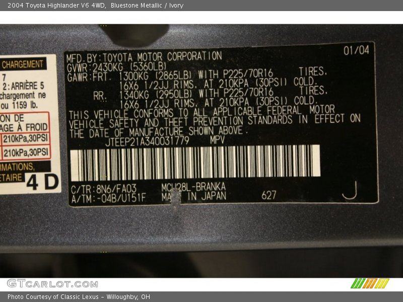 Bluestone Metallic / Ivory 2004 Toyota Highlander V6 4WD