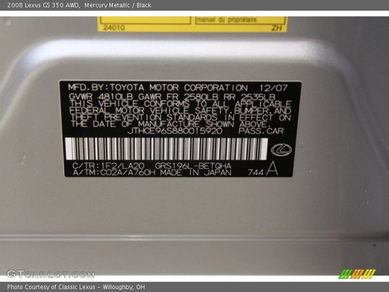 Mercury Metallic / Black 2008 Lexus GS 350 AWD