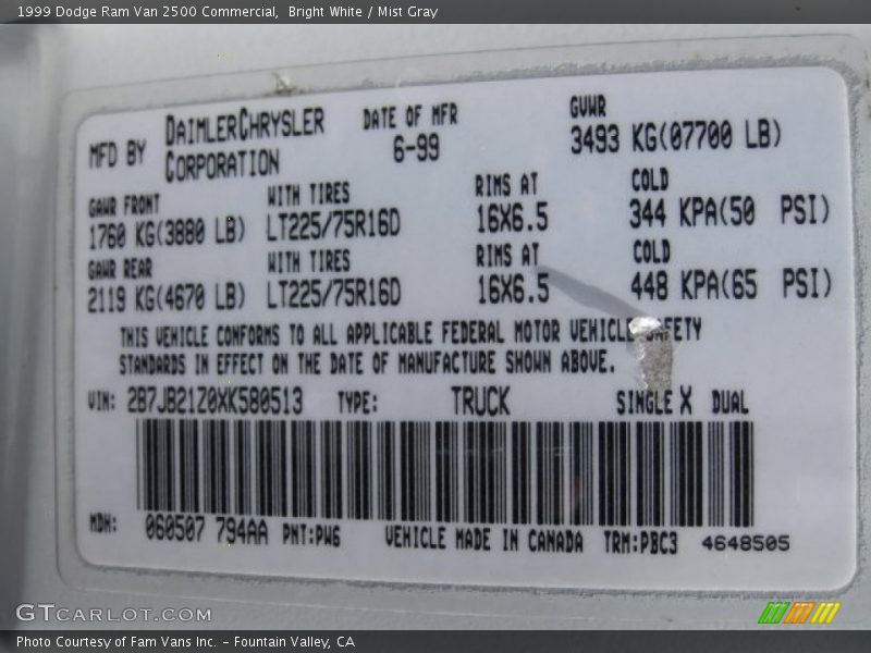 Bright White / Mist Gray 1999 Dodge Ram Van 2500 Commercial