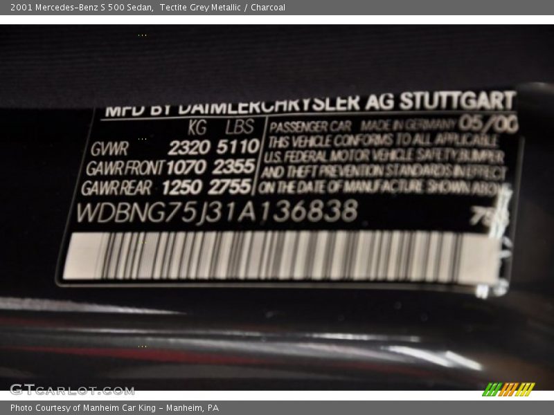 Tectite Grey Metallic / Charcoal 2001 Mercedes-Benz S 500 Sedan