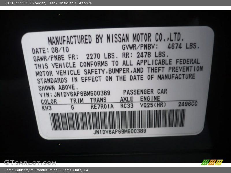 Black Obsidian / Graphite 2011 Infiniti G 25 Sedan