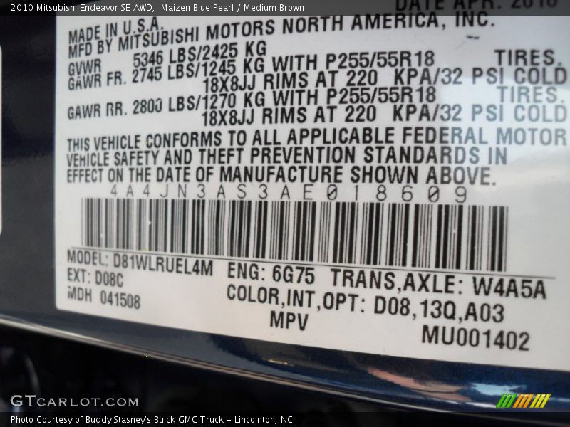 Maizen Blue Pearl / Medium Brown 2010 Mitsubishi Endeavor SE AWD