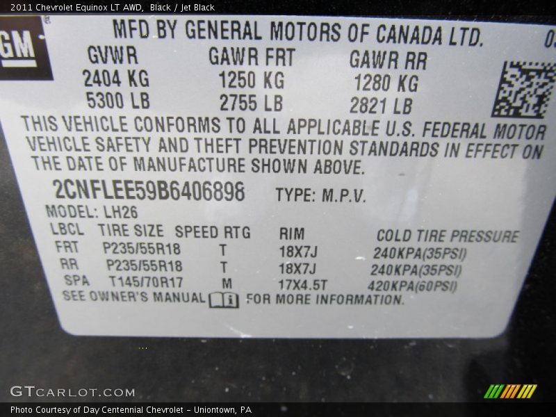 Info Tag of 2011 Equinox LT AWD