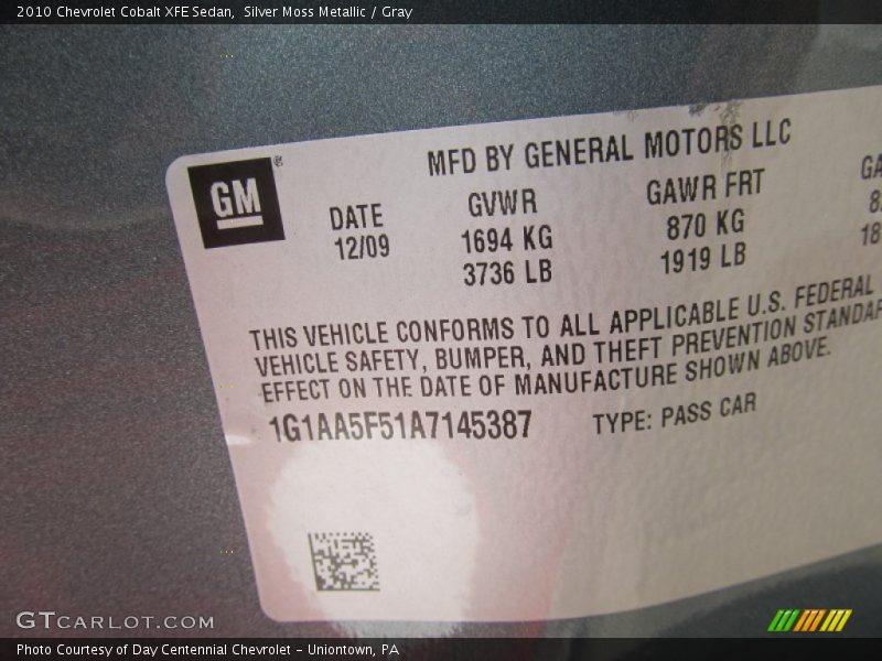 Silver Moss Metallic / Gray 2010 Chevrolet Cobalt XFE Sedan