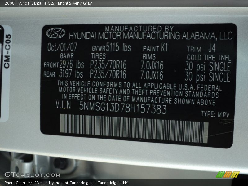 Bright Silver / Gray 2008 Hyundai Santa Fe GLS