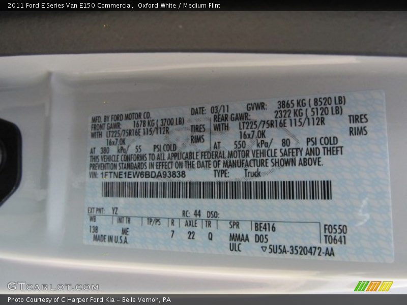 2011 E Series Van E150 Commercial Oxford White Color Code YZ
