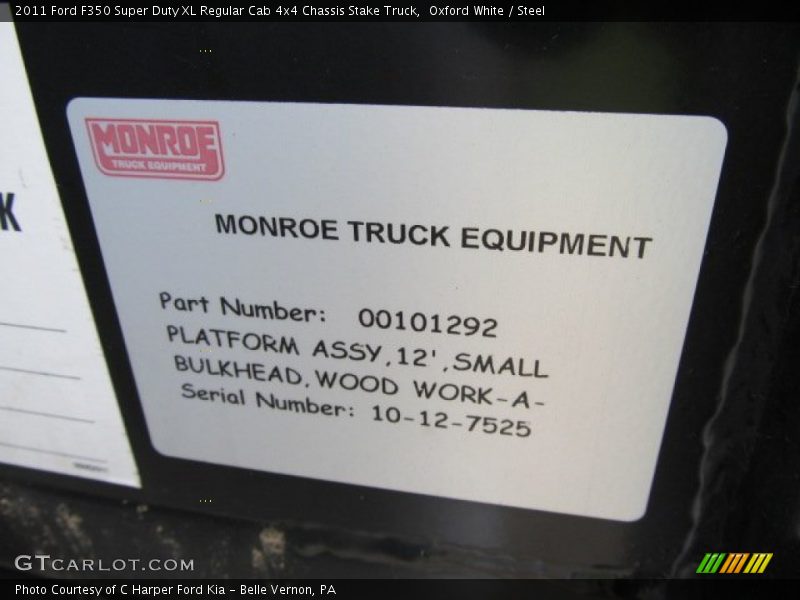 Info Tag of 2011 F350 Super Duty XL Regular Cab 4x4 Chassis Stake Truck