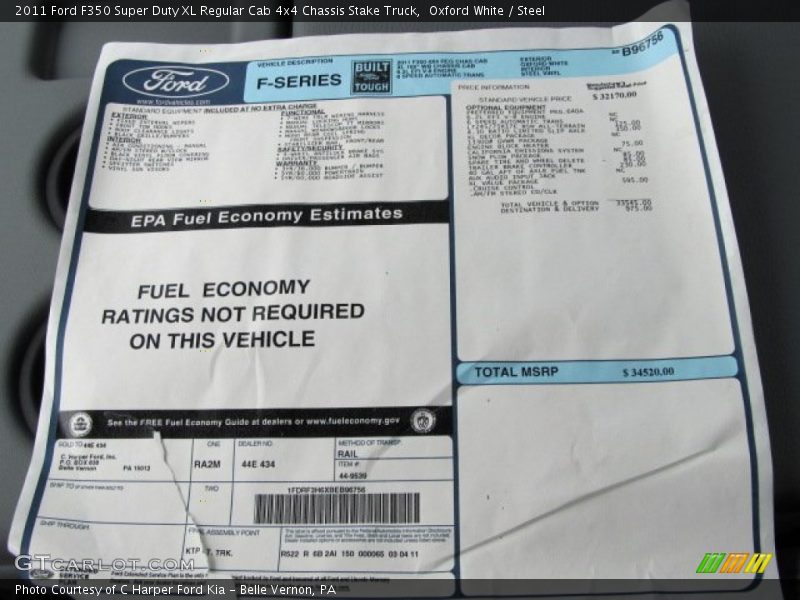  2011 F350 Super Duty XL Regular Cab 4x4 Chassis Stake Truck Window Sticker
