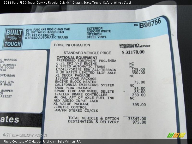  2011 F350 Super Duty XL Regular Cab 4x4 Chassis Stake Truck Window Sticker