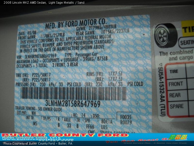 Light Sage Metallic / Sand 2008 Lincoln MKZ AWD Sedan
