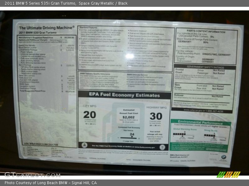 2011 5 Series 535i Gran Turismo Window Sticker