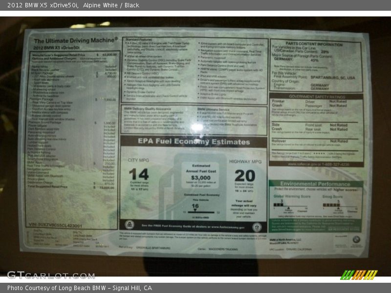  2012 X5 xDrive50i Window Sticker