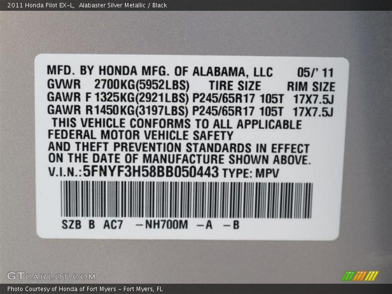 Alabaster Silver Metallic / Black 2011 Honda Pilot EX-L