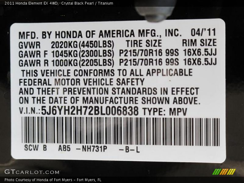 2011 Element EX 4WD Crystal Black Pearl Color Code NH731P