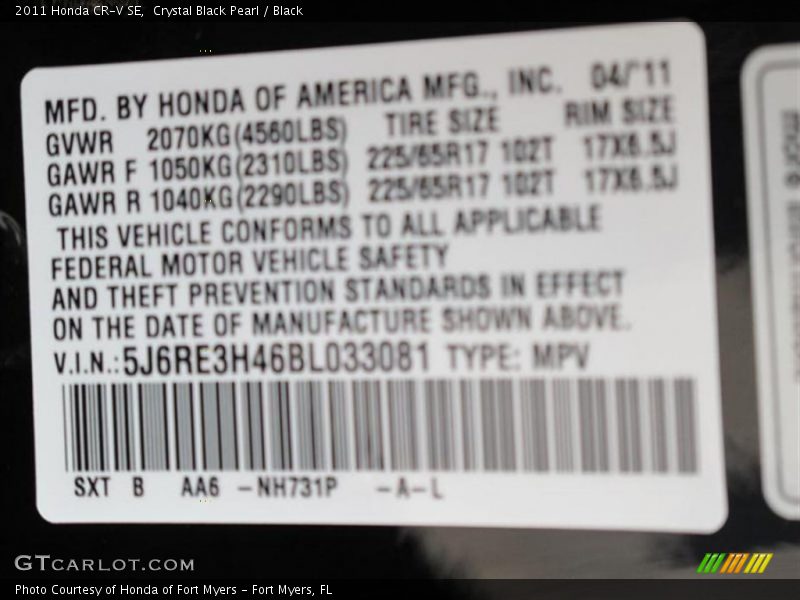 Crystal Black Pearl / Black 2011 Honda CR-V SE