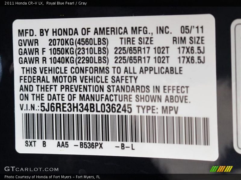 2011 CR-V LX Royal Blue Pearl Color Code B536PX