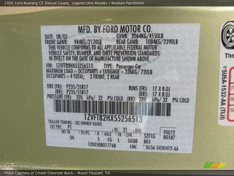 2005 Mustang GT Deluxe Coupe Legend Lime Metallic Color Code P1