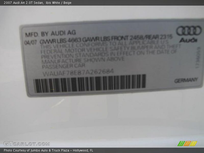 Ibis White / Beige 2007 Audi A4 2.0T Sedan