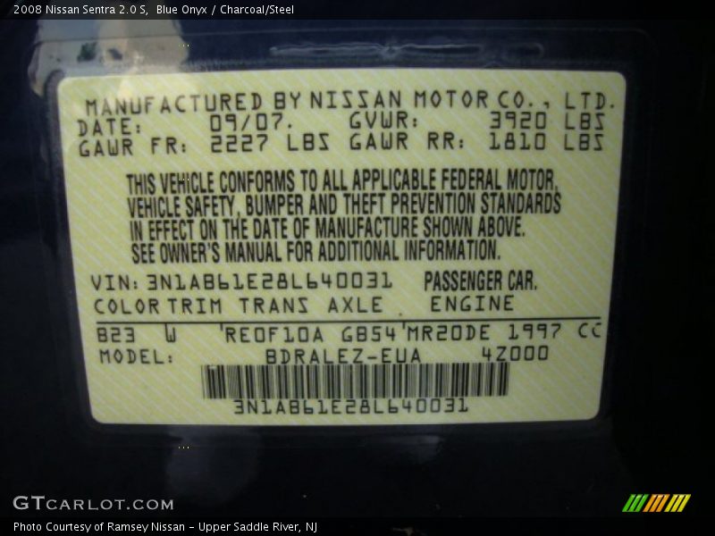 Blue Onyx / Charcoal/Steel 2008 Nissan Sentra 2.0 S
