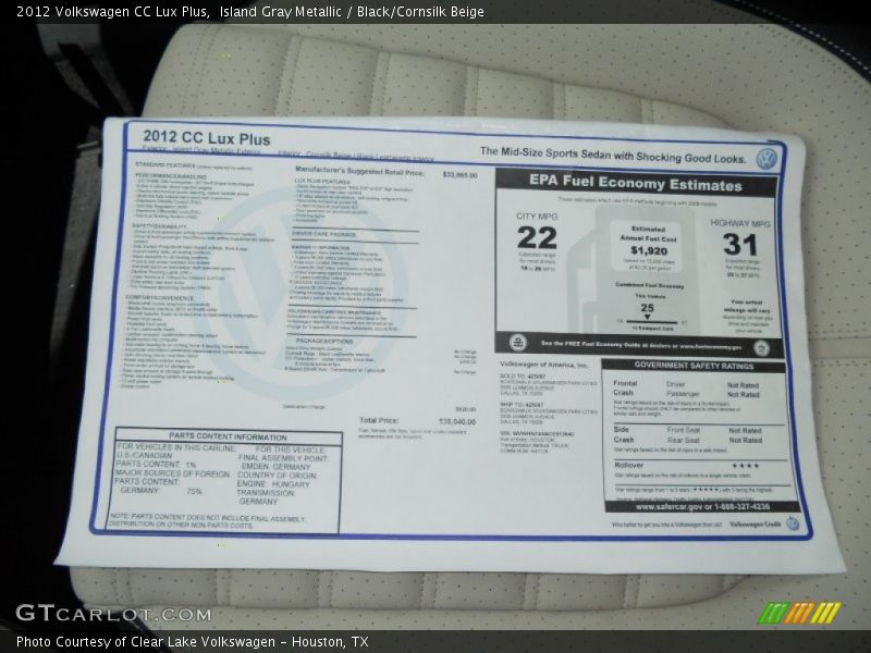  2012 CC Lux Plus Window Sticker