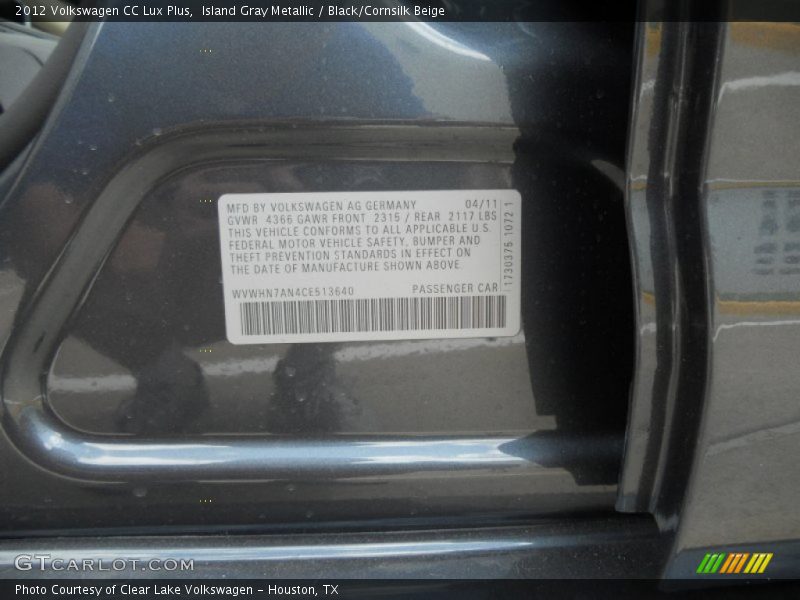 Island Gray Metallic / Black/Cornsilk Beige 2012 Volkswagen CC Lux Plus