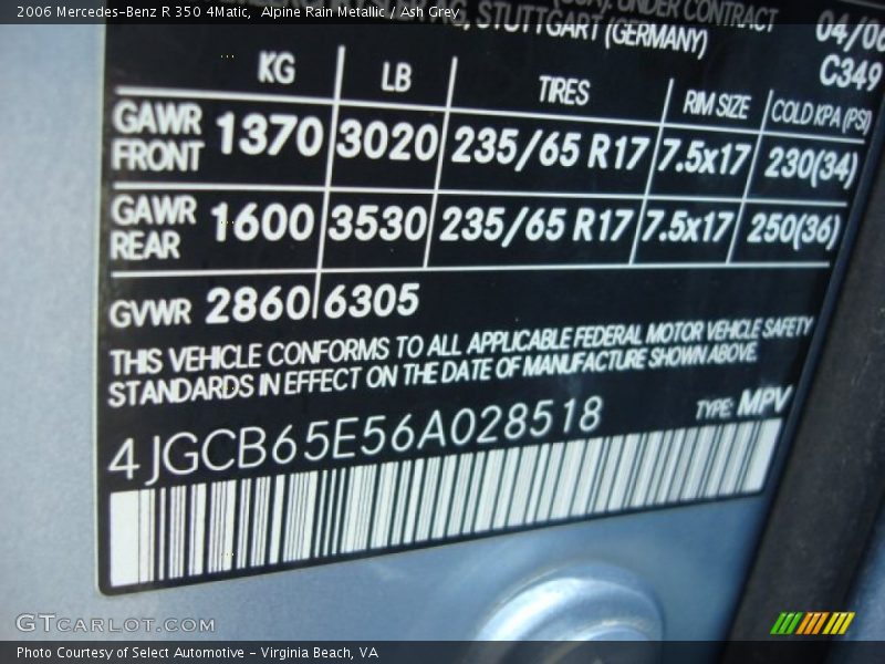 Alpine Rain Metallic / Ash Grey 2006 Mercedes-Benz R 350 4Matic