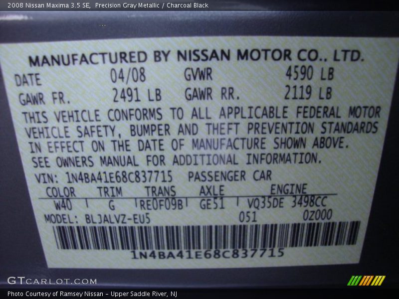 Precision Gray Metallic / Charcoal Black 2008 Nissan Maxima 3.5 SE