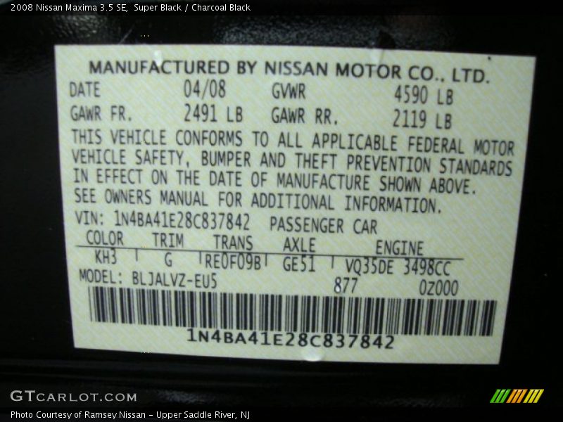 Super Black / Charcoal Black 2008 Nissan Maxima 3.5 SE
