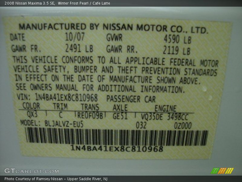 Winter Frost Pearl / Cafe Latte 2008 Nissan Maxima 3.5 SE