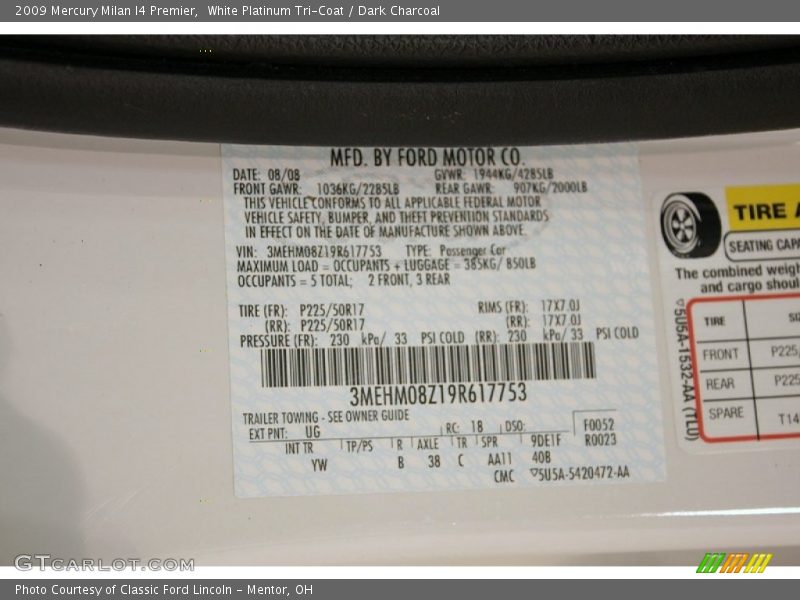 2009 Milan I4 Premier White Platinum Tri-Coat Color Code UG