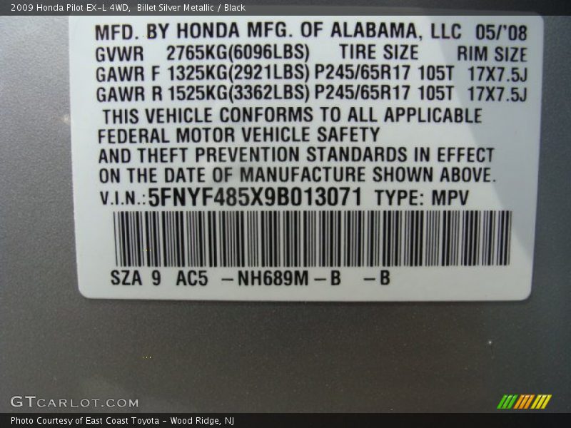 Billet Silver Metallic / Black 2009 Honda Pilot EX-L 4WD