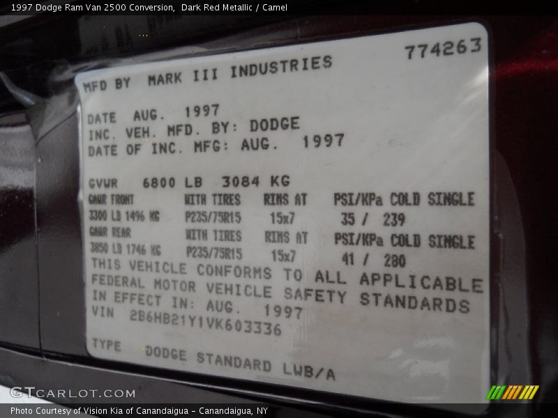 Info Tag of 1997 Ram Van 2500 Conversion
