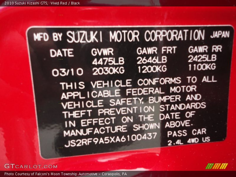 Info Tag of 2010 Kizashi GTS