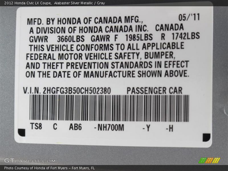 2012 Civic LX Coupe Alabaster Silver Metallic Color Code NH700M