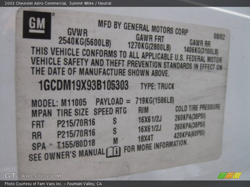 Summit White / Neutral 2003 Chevrolet Astro Commercial