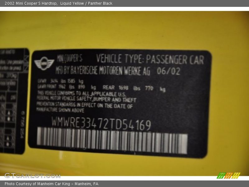 Liquid Yellow / Panther Black 2002 Mini Cooper S Hardtop