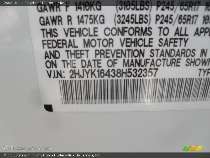 White / Beige 2008 Honda Ridgeline RTS