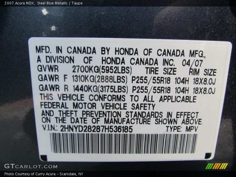 Steel Blue Metallic / Taupe 2007 Acura MDX