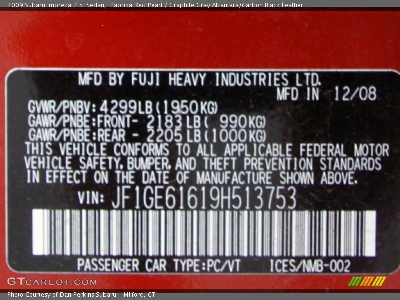 Paprika Red Pearl / Graphite Gray Alcantara/Carbon Black Leather 2009 Subaru Impreza 2.5i Sedan